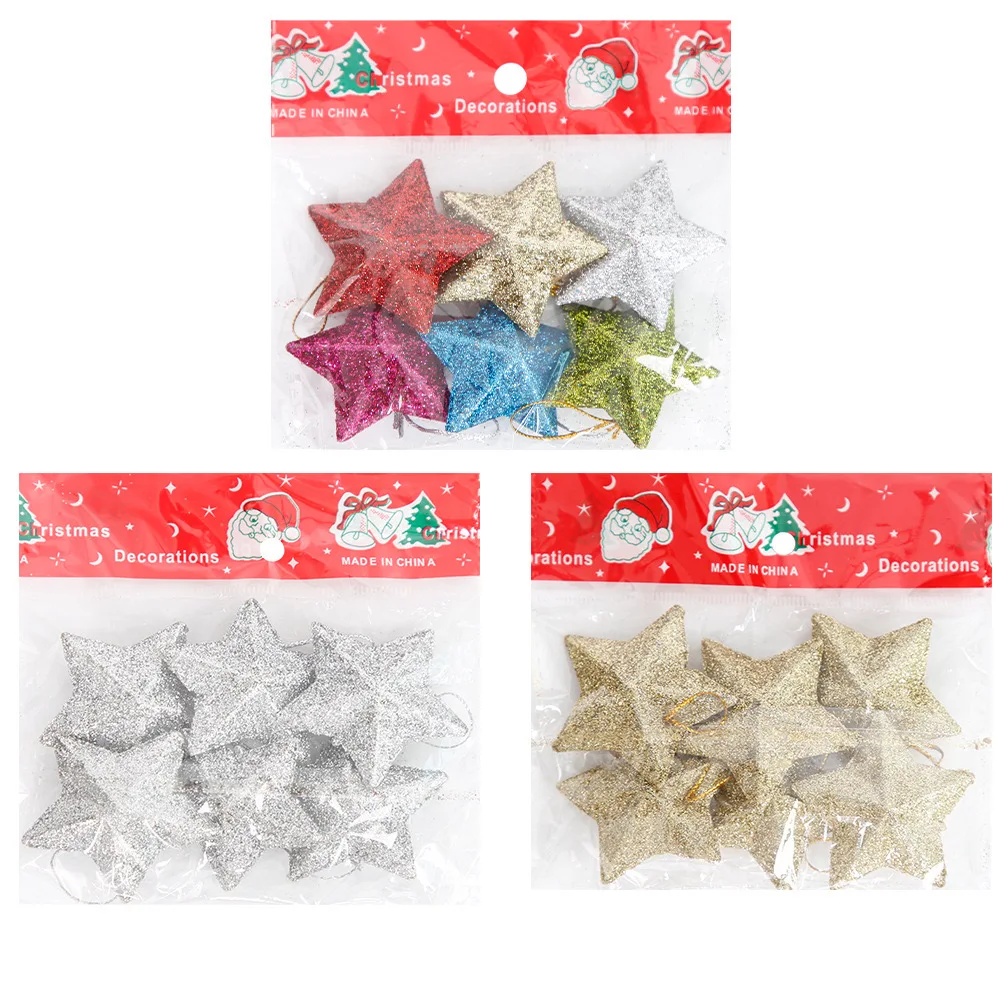 6 PCS glitter mini star pendant Christmas tree hanging ornament craft 5cm plastic for Xmas party home decoration accessories