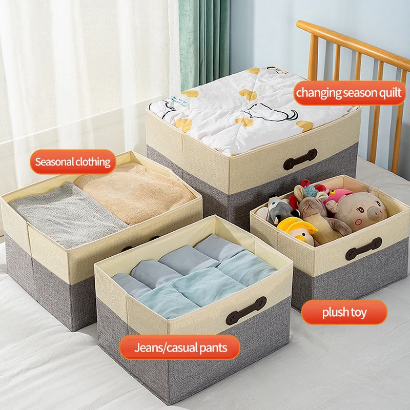 Foldable Cotton Linen Storage Bins with Lids Fabric Stackable Storage Organizer Box For Organizing Bedroom Closet