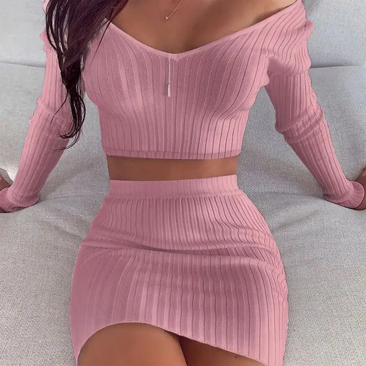 2 Piece Set Women Knitted Suit Long Sleeve Shoulder Two Piece Set Crop Top And Skirt Neck Female Outfits Ladies Party Dress