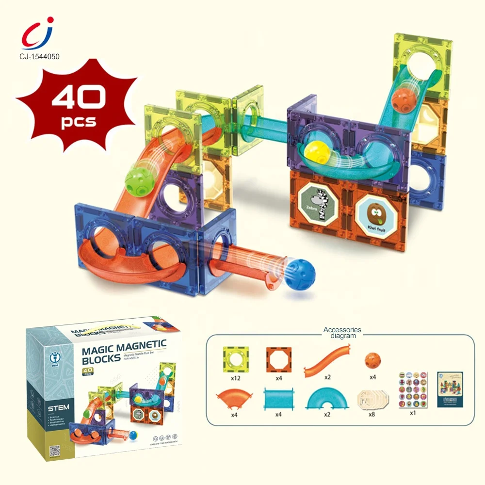Chengji diy assemble magic magnet tiles track set ball runs game magnetic marble run building blocks toy