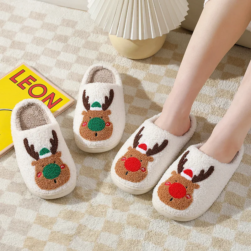 Popular Christmas Elk Cotton Slippers for Women in Autumn and Winter Home Fur for Couples to Keep Warm at Home