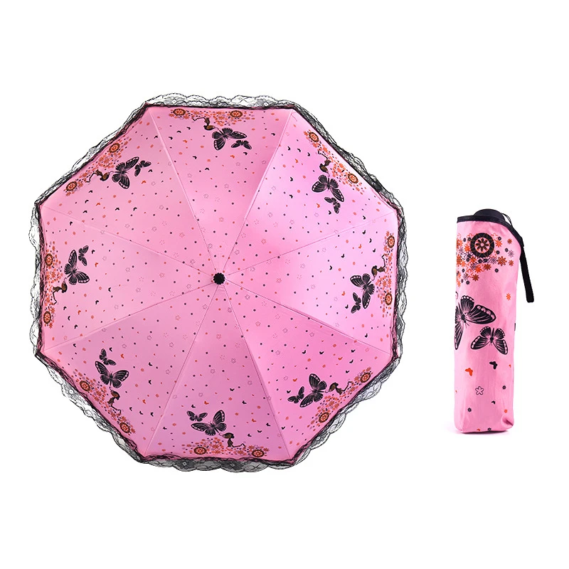 DD1243   3-Folding Butterfly Vinyl Umbrellas Anti UV Rainy Parasol Sunscreen Sun Parasol Sun Lace Umbrella