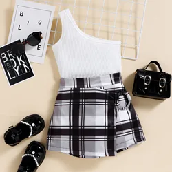 1-5Y summer toddler baby girls clothing sets one shoulder t-shirts tops plaid print shorts skirt 2pcs kids outfits
