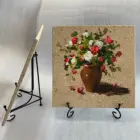 Artwork Hand Painted Oil Painting Artwork Of Flowers In Vase 25x25cm With Stone Panel Base