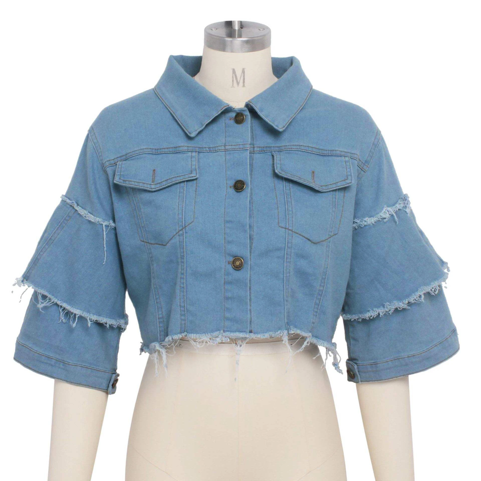 New Fashion Button Casual Solid Coats Women's Denim Cropped Jacket Female Pockets Hole Short Jean Jackets Ladies supplier