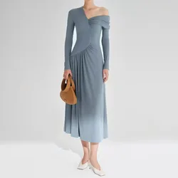 JUES Fashion New Off-the-shoulder Elegant Long Dress Women Pleated Personality Irregular Elastic Knitted Dress