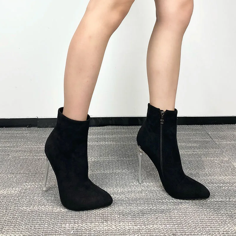 支持oem/odm尖头透明细高跟鞋加大码坡跟女士踝麂皮靴子