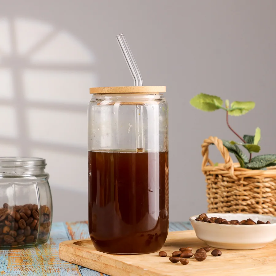 New Arrival 480ml 16oz High Borosilicate Round Cup for Fruit & Vegetable Juice Cold Brew Coffee Bottle with Straw Bamboo Lid