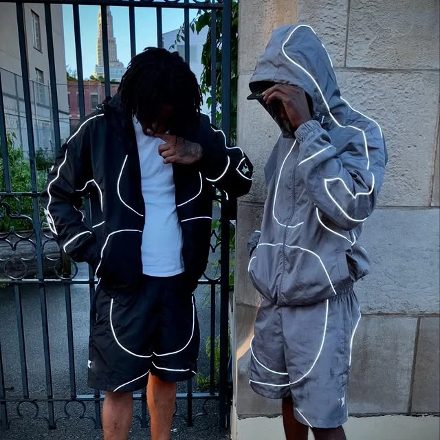 Custom Men's Sportswear Waterproof Reflective Zip up Polyester Nylon Windbreaker Track Jacket and Shorts Set Tracksuit supplier