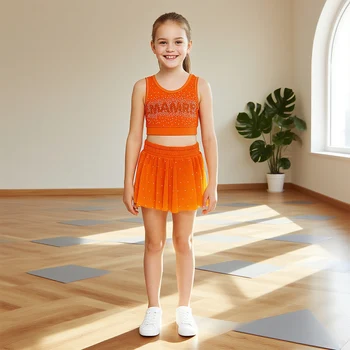 Mamre Solid Orange Girls Cheerleading Crop Top and Butterfly Shorts Training Uniform Rhinestones Cheerleading Practice Wear