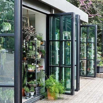 Alufront Modern Frameless Tinted Glass Steel French Safety Door with Grill Design Horizontal Opening Pattern-Windows and Doors