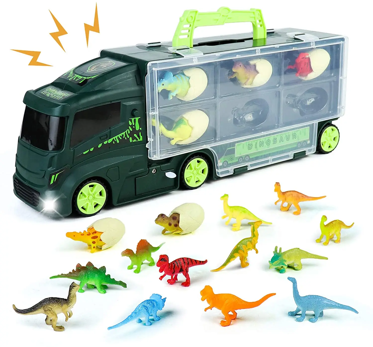 Wholesale double side transpotr truck kids dinosaur truck toy with 12 dinosaurs 6 dinosaur eggs