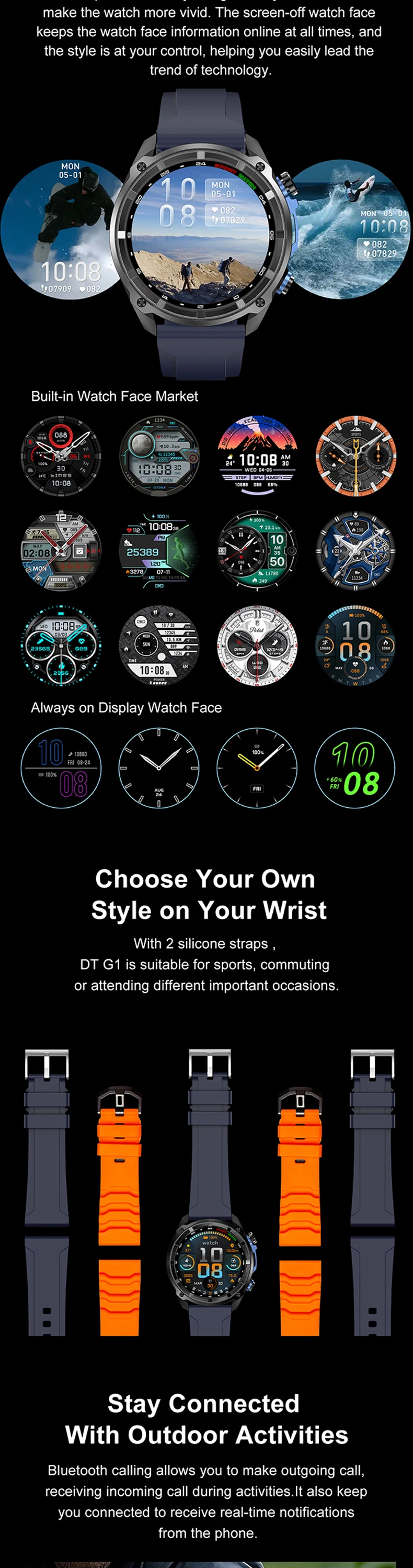 product new offline map gps smart watch dt g1 two straps 143inch amoled screen memory 4gb battery 860mah waterproof 3atm play video-10