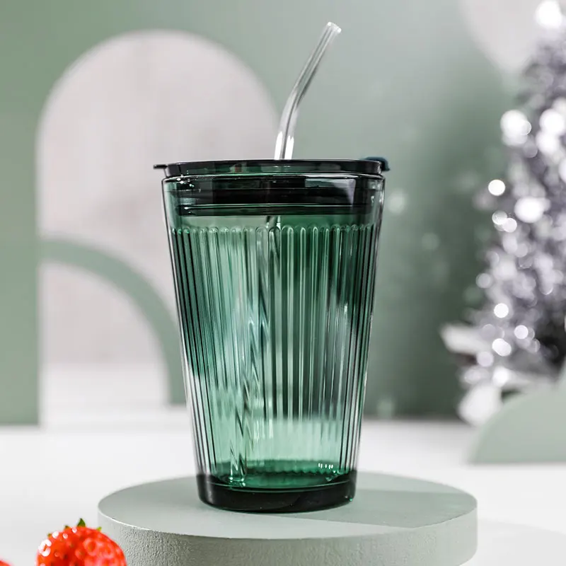 300ml Glassware Simple Stripe Coffee Glasses Cup With Lid and Straw Bubble Tea Cup Juice Glass Milk Mocha Cup Breakfast