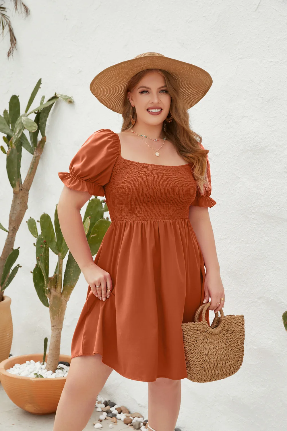 YingTang Custom High Quality plus size women clothes 2023 solid color square collar puff sleeve oversize women dresses