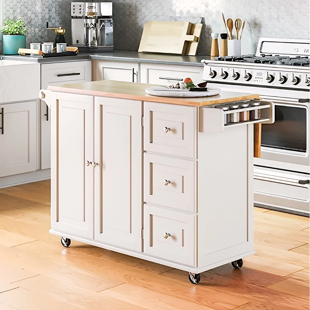 White Mobile Kitchen Trolley with Wheels Kitchen Island Cart with Wood Drop Leaf Breakfast Bar details