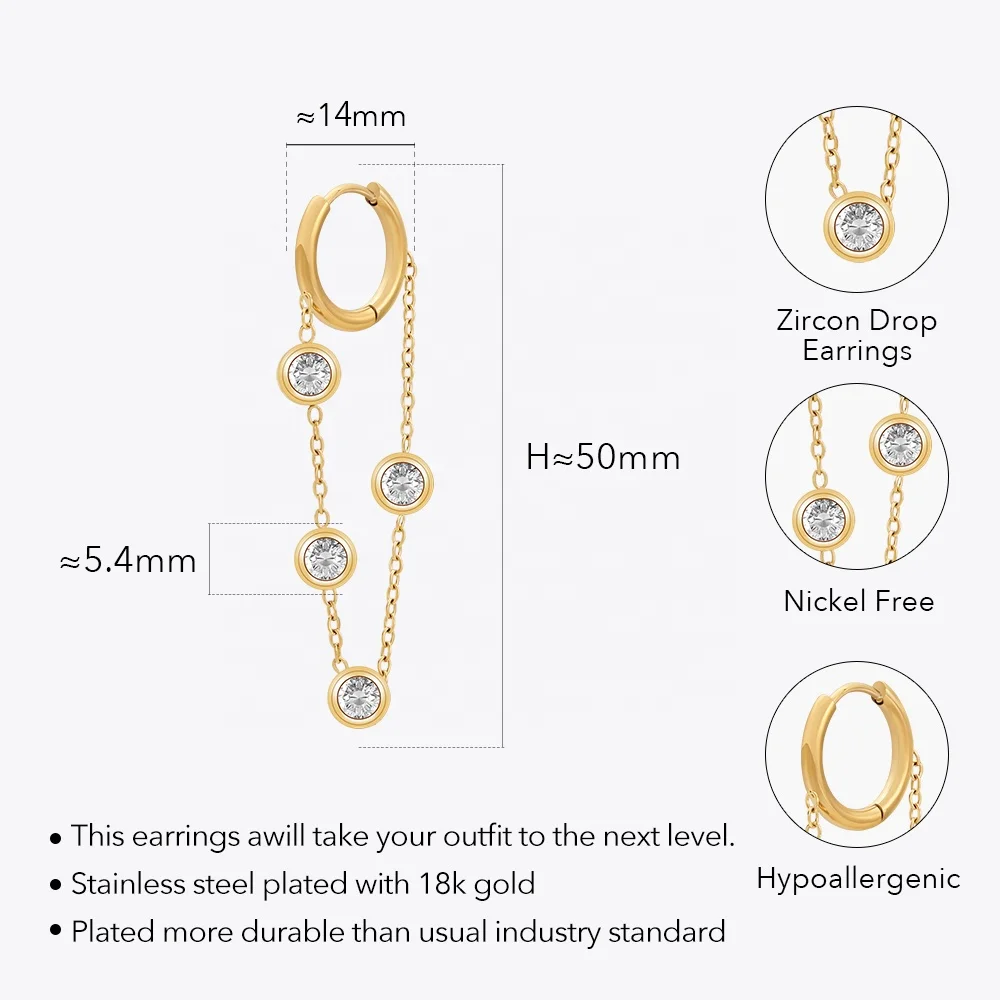 Latest 18K Gold Plated Stainless Steel Jewelry Round Hoop Zircon Chain Earrings Trendy For Women Accessories Earrings E231501