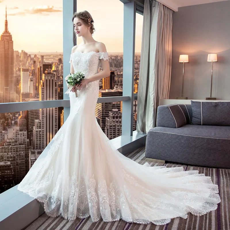 スリムロングトースト服花嫁フィッシュテールドレス女性宴会結婚式 エンブロイダリーフィッシュテールドレス Mサイズ｜結婚式の