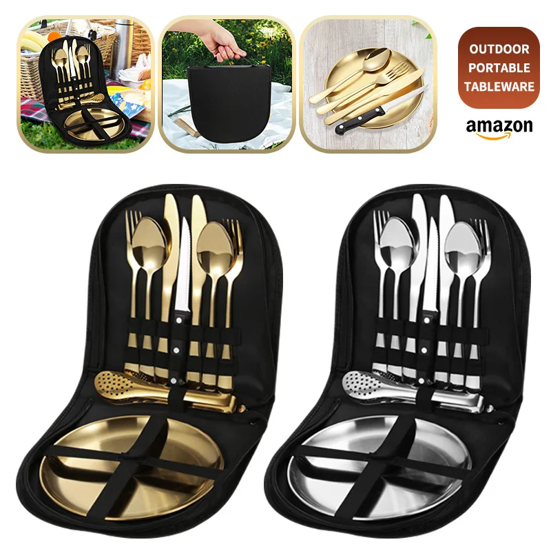 Hot sale Picnic Camping Cutlery Plate Food Tong Fork Spoon Knife Set Stainless Steel Travel Cutlery Set with storage bag