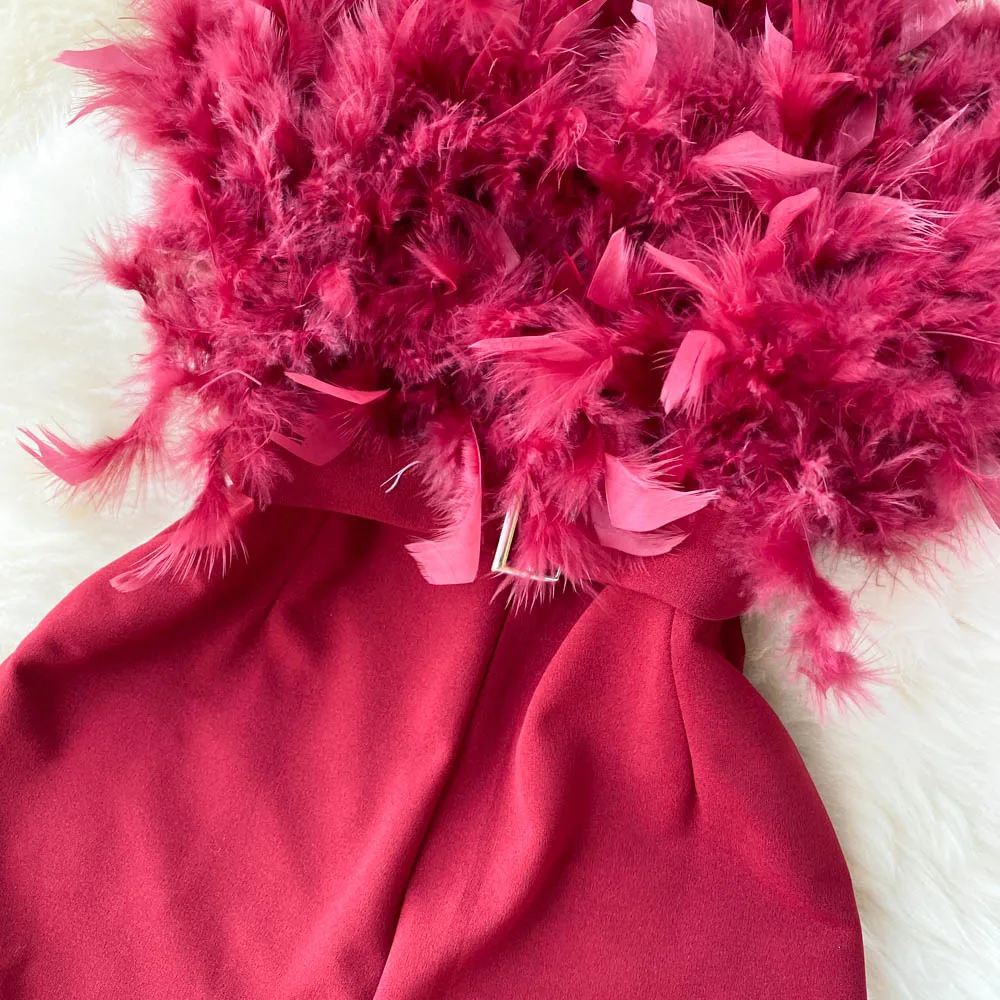 Elegant Embroidered Feathers Strapless Straight Jumpsuits