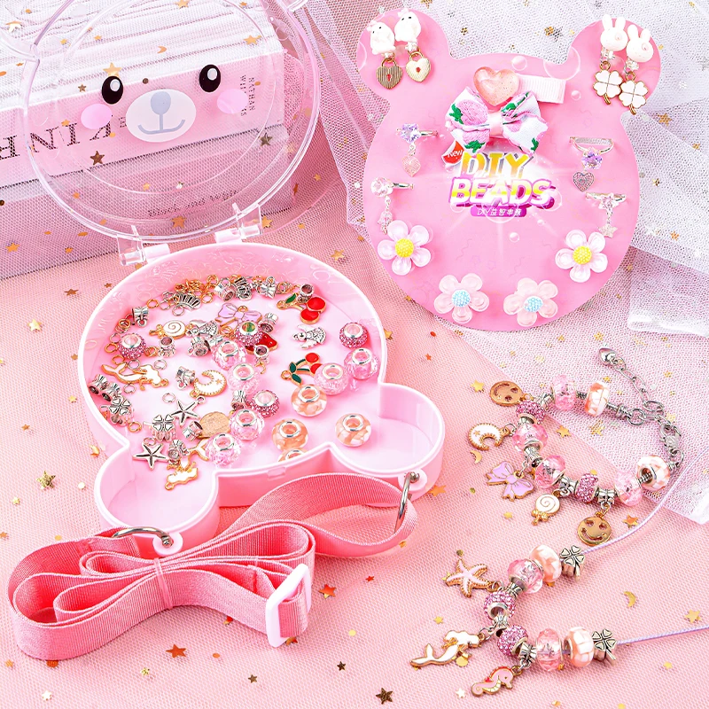 Pink Charm Beads For Bracelet Making Kit Cartoon Girls Crystal Beads Jewelry Charms Handmade Bracelet Crafts Toy for Kids