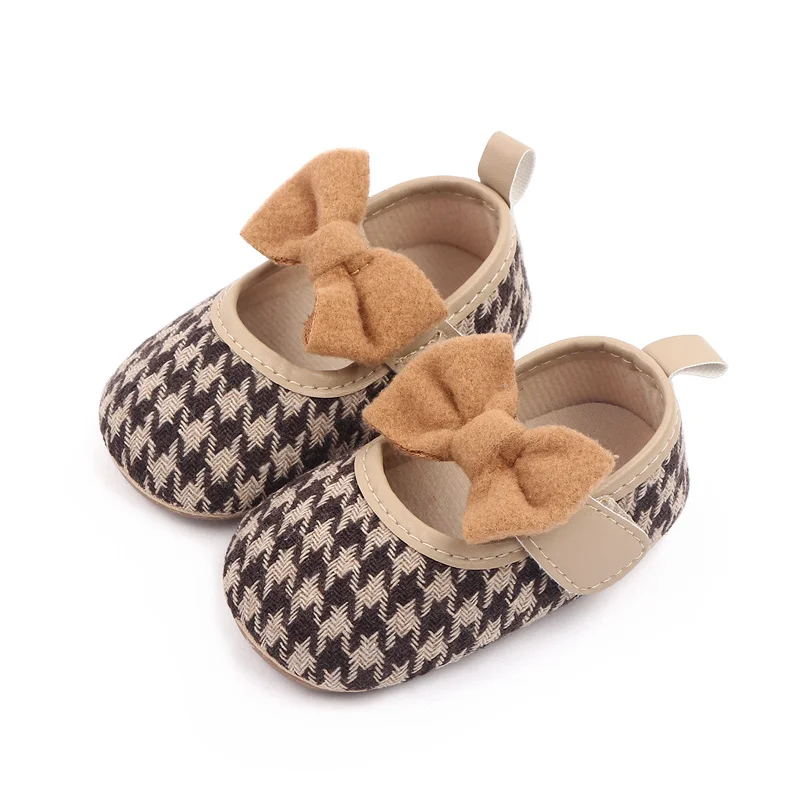 Plush Large Bow Thousand-bird Plaid Vintage Princess Soft-soled Toddler Shoes for Baby Girls details