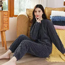 2023 Women Casual Hot Sale Long Sleeve O-neck Fleece Pajamas Solid Color Fleece-lined Thickened Winter Home Wear Two Piece Set