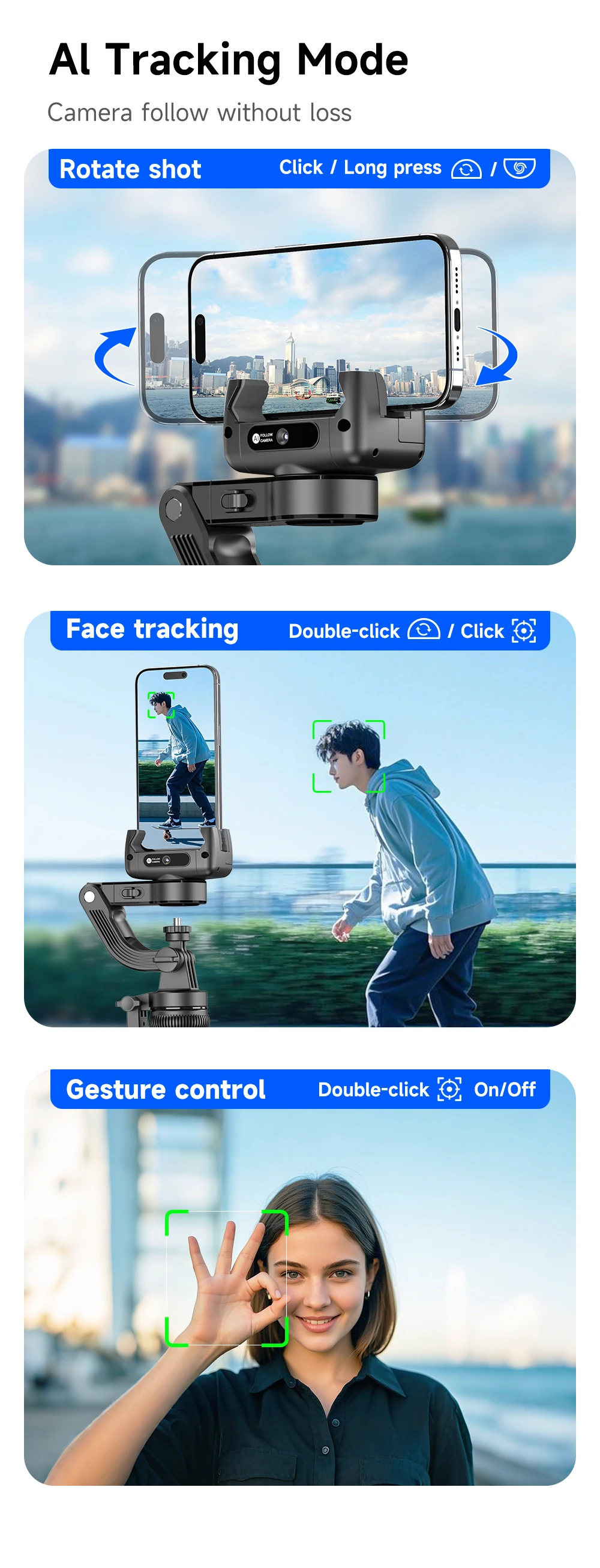 C16 Intelligent AI Face Tracking 360 Rotating Single Axis Gimbal Stabilizer Aluminum Alloy Rod Quadrupod Selfie Stick Light 540g