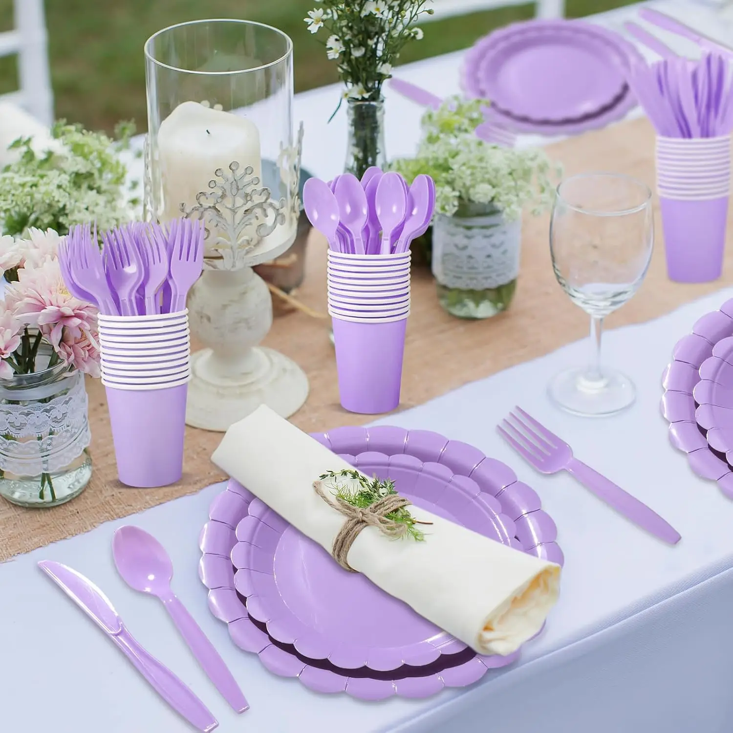 Solid color Party Tableware Set Purple Lace Edge Birthday Party Decorations Pure color Disposable Paper Plates And Cups