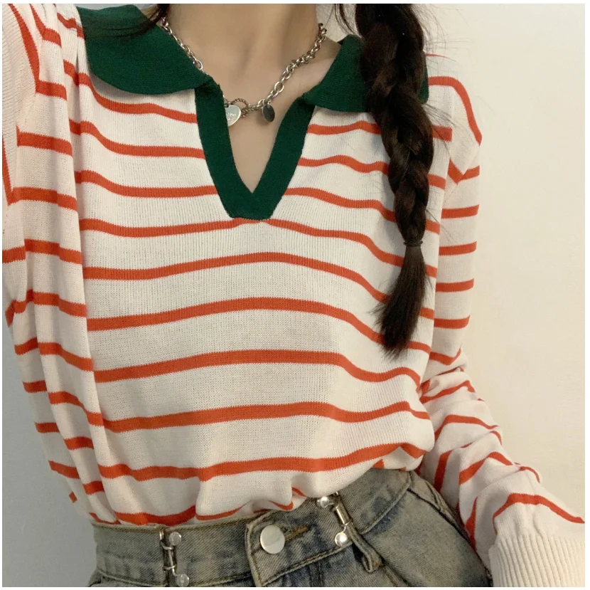 Factory Direct Wholesale Autumn Black White Knit Striped V-Neck Women Lady's Sweater