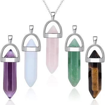 Multicolor Healing Point Chakra Pendants Hexagonal Quartz Crystals Bullet Shape Stone DIY Pendulum Beads For Jewelry Making