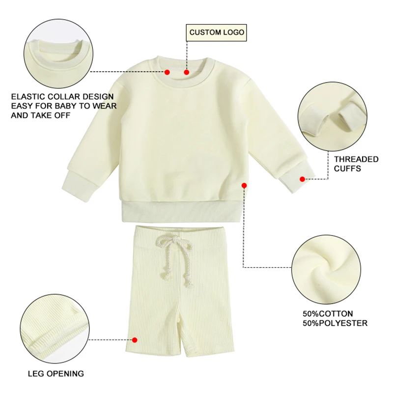 Wholesale Long Sleeve Children Two Piece Outfit Elastic Collar Design Threaded Cuffs Kids Clothing Set