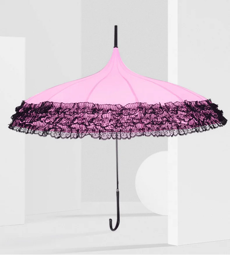 WHY412 Korea Court Princess Black Lace Edge Umbrella Photography Props Pagoda Umbrella 16K Straight Umbrella
