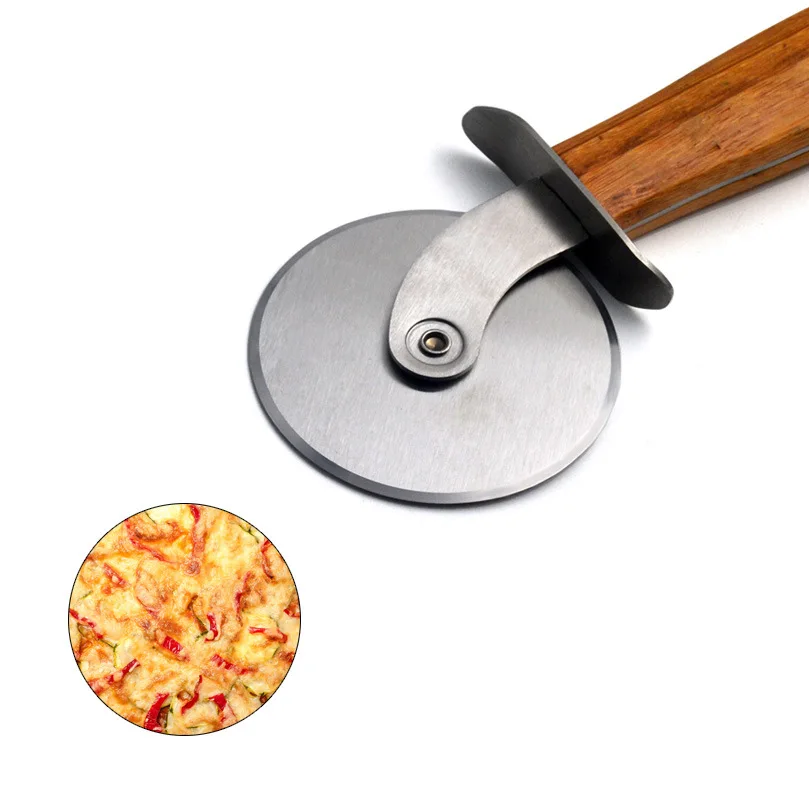 Single Wheel Pizza Cutter with Wooden Handle Metal Cake Roller Cutter Baking Tool for Pizza & Cake