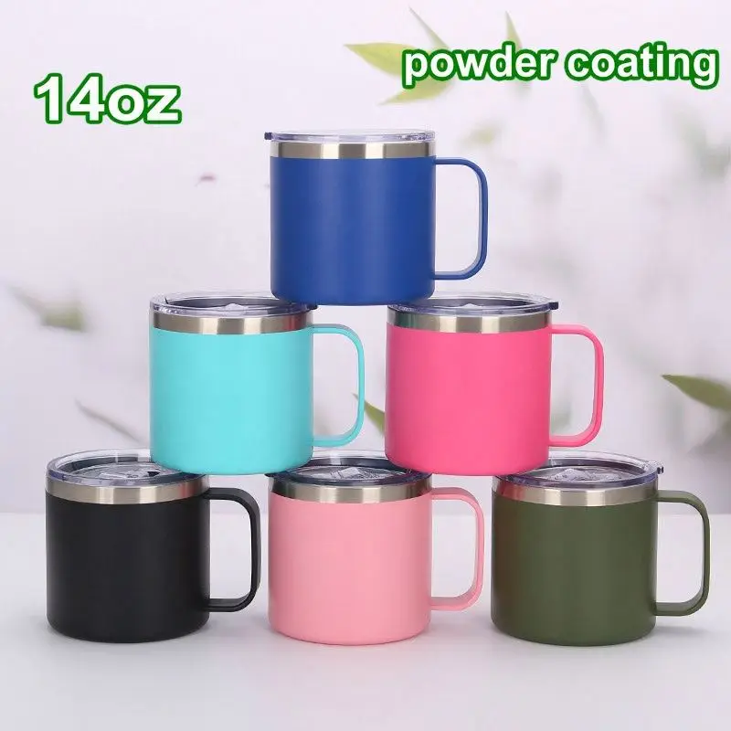 12oz-14oz Custom Double Wall Insulated Stainless Steel Travel Coffee Mug Handle Magnetic Lid Metal Glitter Camper Mug Wholesale