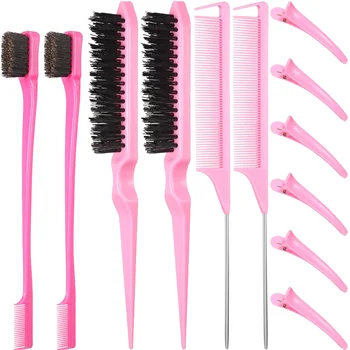 12 Pcs Teasing Boar Bristle Hair Brush With Rat Tail, Dual Sided Eyebrow Brush, Rat Tail Comb Steel Pin And Edge Brush Set Clips