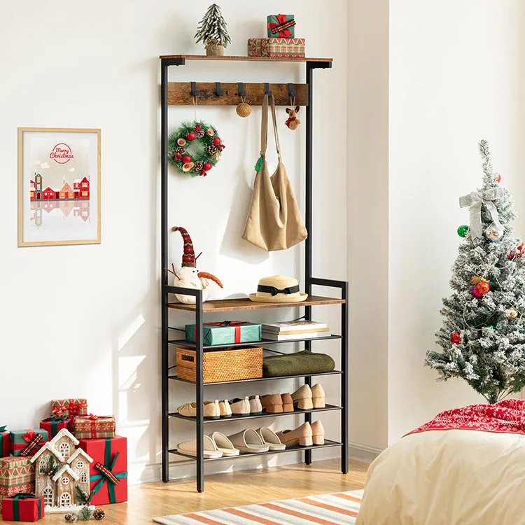 Wholesale Hall Tree with Shoe Bench and Coat Hooks Industrial Style Shoe Storage Clothes Organizer All-in-one