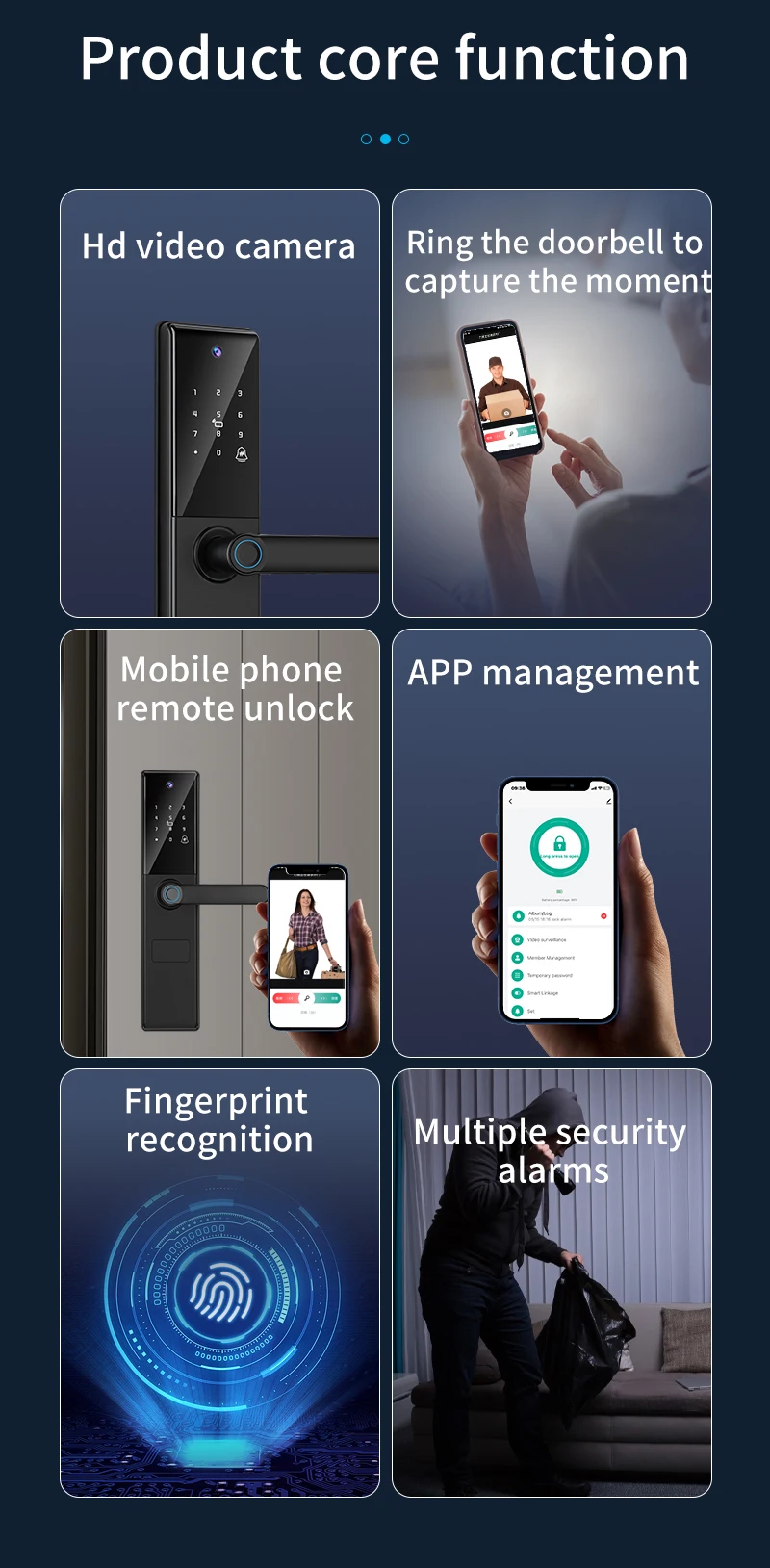 Qleung S829max Tuya Wifi APP Telekomparat Odciski palców Hasło Karta Klucz Smart Door Lock dla domu Hotel Biuro 3