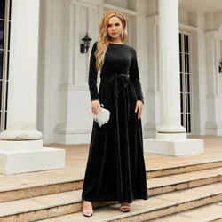 Europe and America Women Autumn and Winter Elegant  Style Long Sleeve Dress Velvet Solid Color O-Neck Dress