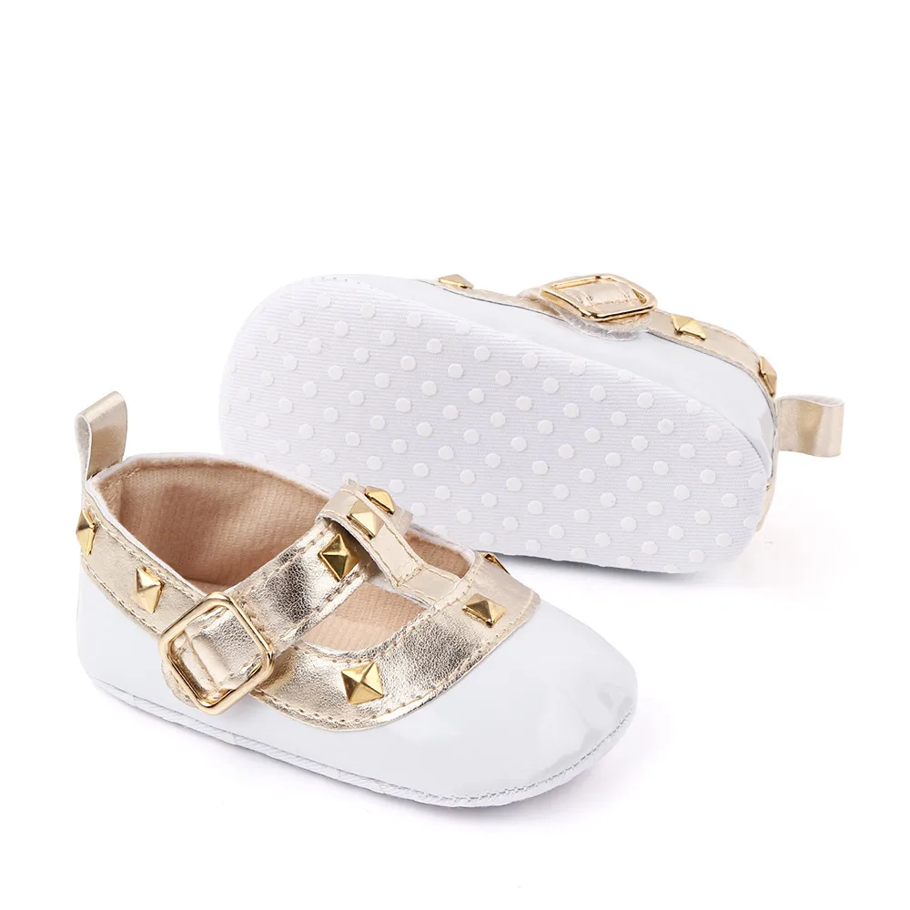 Bright Spliced Geometric Metal Decorated Baby Girls Pretty Princess Walking Shoes supplier
