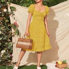 Floral Summer Women Casual Dress Floral Print Dress Bohemian Puff Sleeve Square Neck For Prom Women