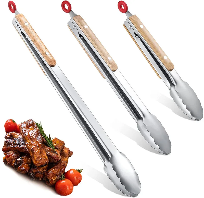 Metal Tongs Stainless Steel BBQ Grill Tongs with Oak Wood Handle Cooking Kitchen Tongs Locking Food for Grilling