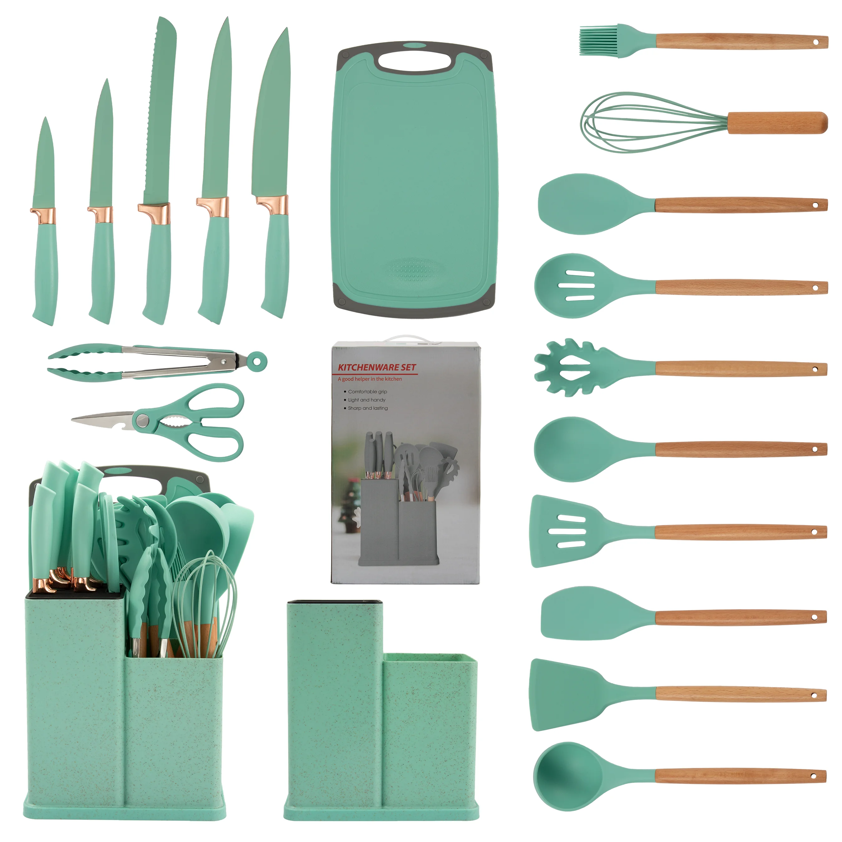 Newest 19 Piece Set Of Silicone Kitchen Utensil Set With Wooden Handle And Cuttings Board Storage Bucket Kitchen Gadget Set