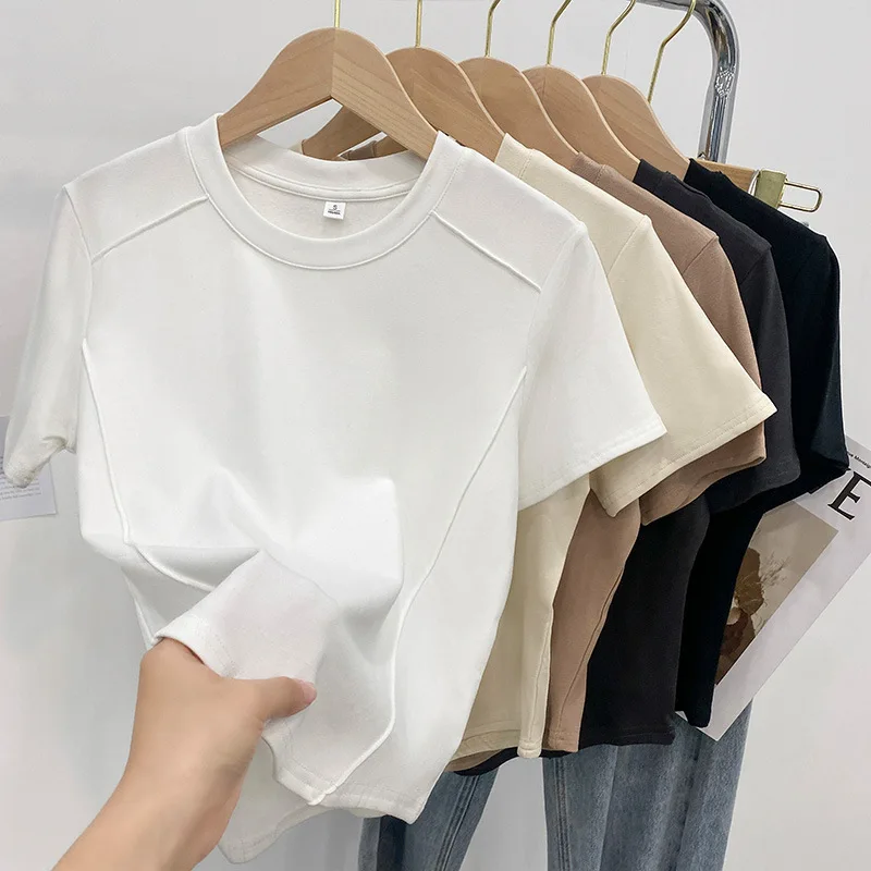 New Solid Color Round Neck Short Sleeve Slim Fit T-Shirts Women's Short Fashion Casual Blank Custom Tops T-Shirts
