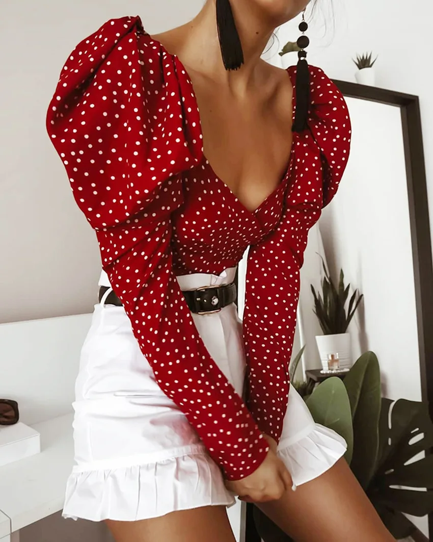 red polka dot puff sleeve top