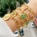 Elegant 18K Gold Adjustable Gauge Wire Drawn Cable Double Chain Lucky Charm Bracelet Pink Heart Eye Charm Bracelets Bangles