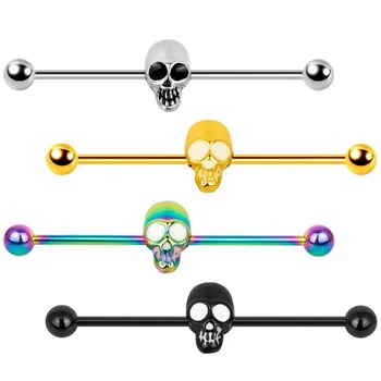 Hot selling stainless steel ear piercing jewelry 16g industrial barbell with skull head