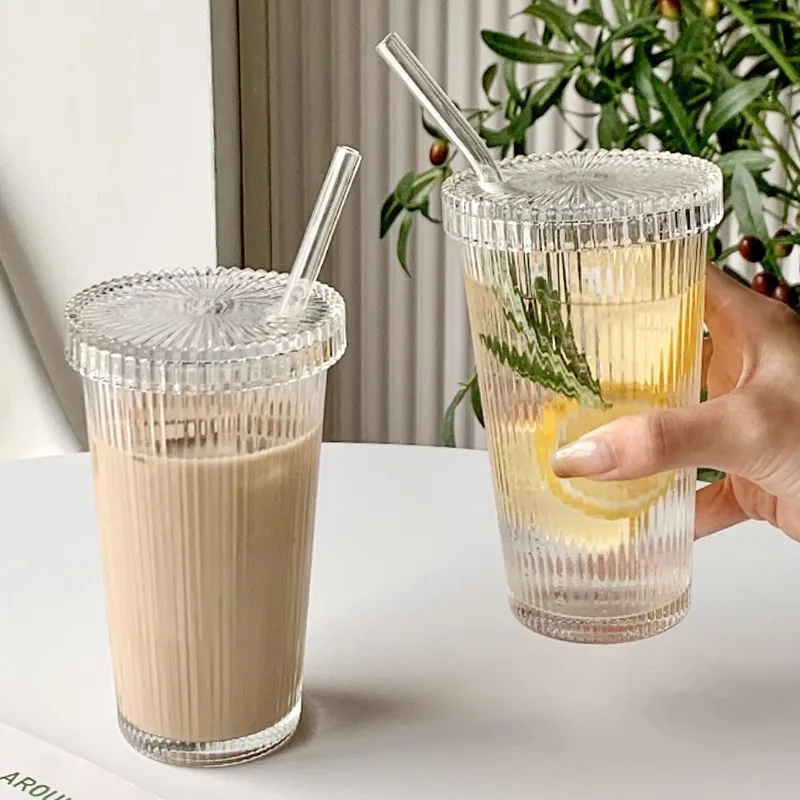 Best Gift Custom Ribbed Simple Vertical Stripe Glass Ice Coffee Tea Milk Mug Tumblers Cups With Lids And Straws