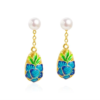 Custom Wholesale 18K Gold Plated Brass Lady's Chinese Costume Flower Enamel Jewelry Supplies Inspired Pearl Earrings