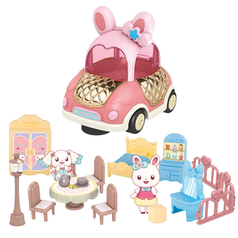 Lovely pretend play house car small furniture doll set toy with lights music